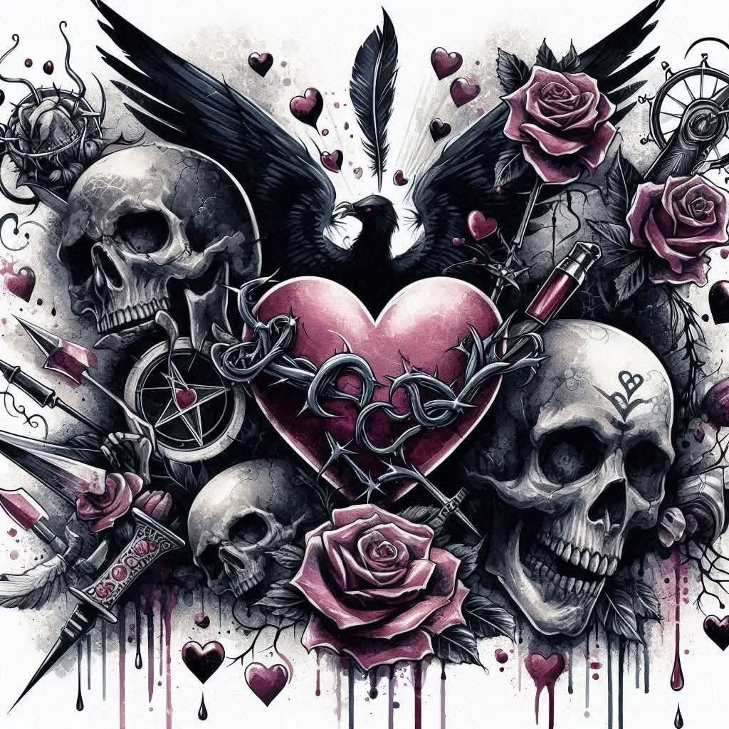 Gothic Themed Skull and Heart DTF Print
