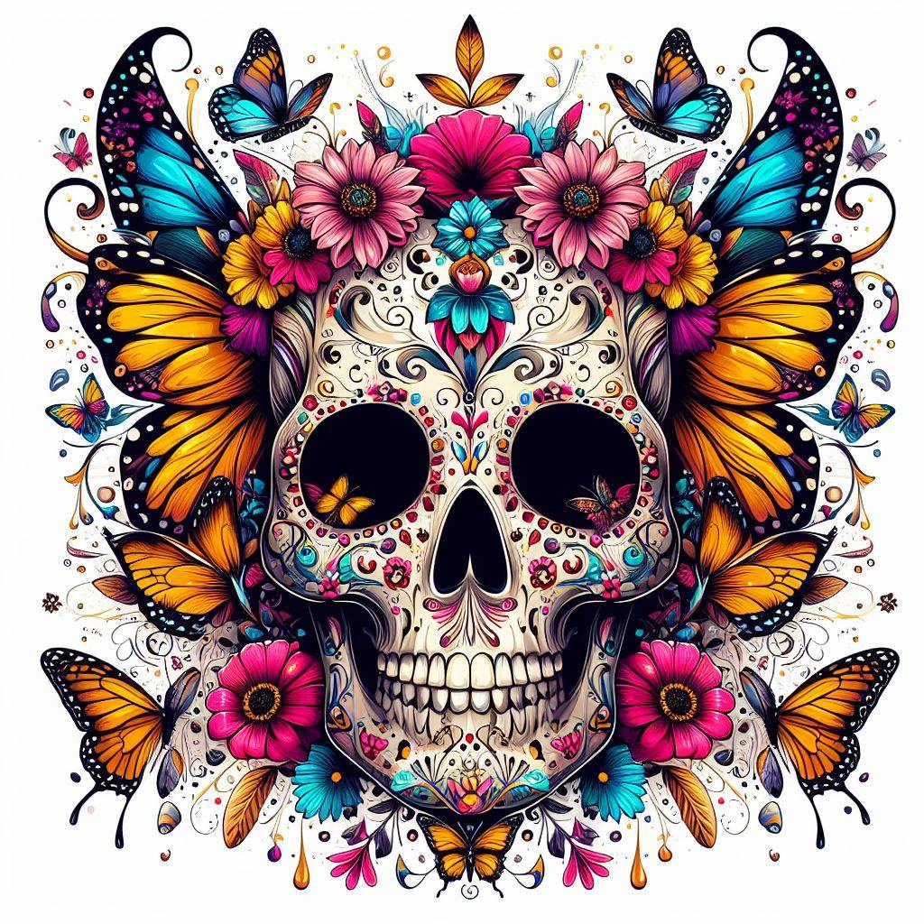 Tribal Sugar Skull with Butterflies and Flowers DTF Print