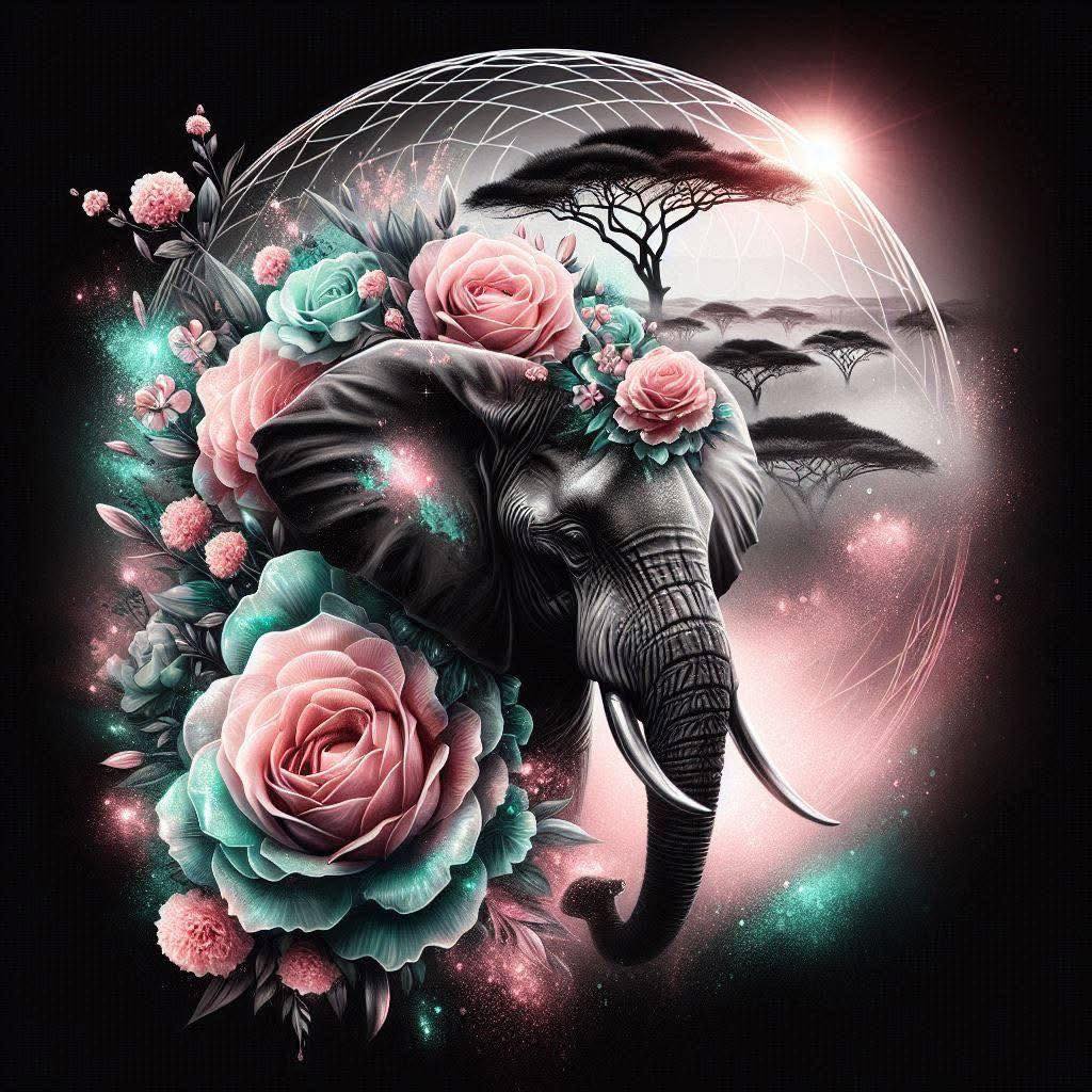 Majestic Elephant with Roses DTF Print