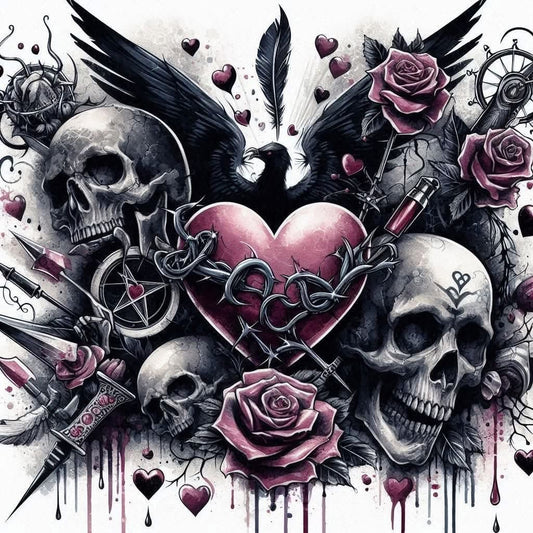 Gothic Themed Skull and Heart DTF Print