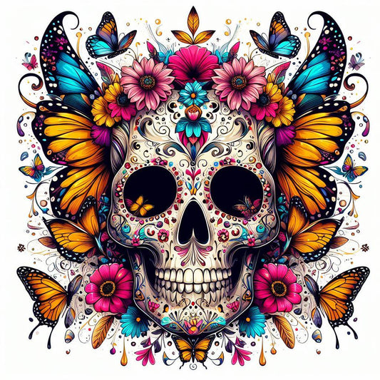 Tribal Sugar Skull with Butterflies and Flowers DTF Print